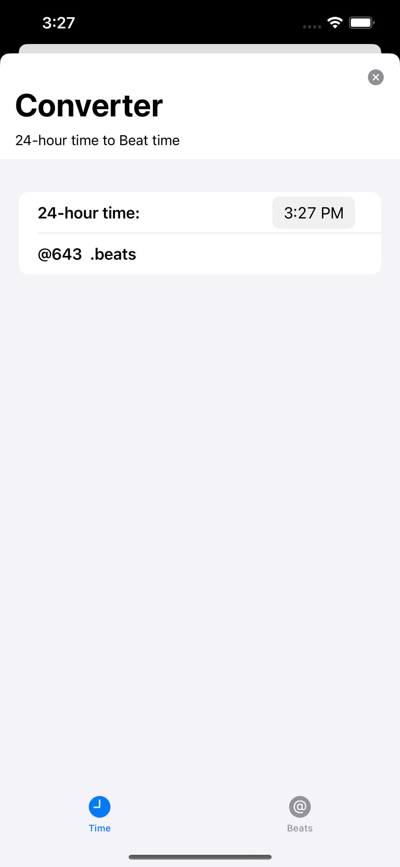 iPhone App converter 24h time to beats screen