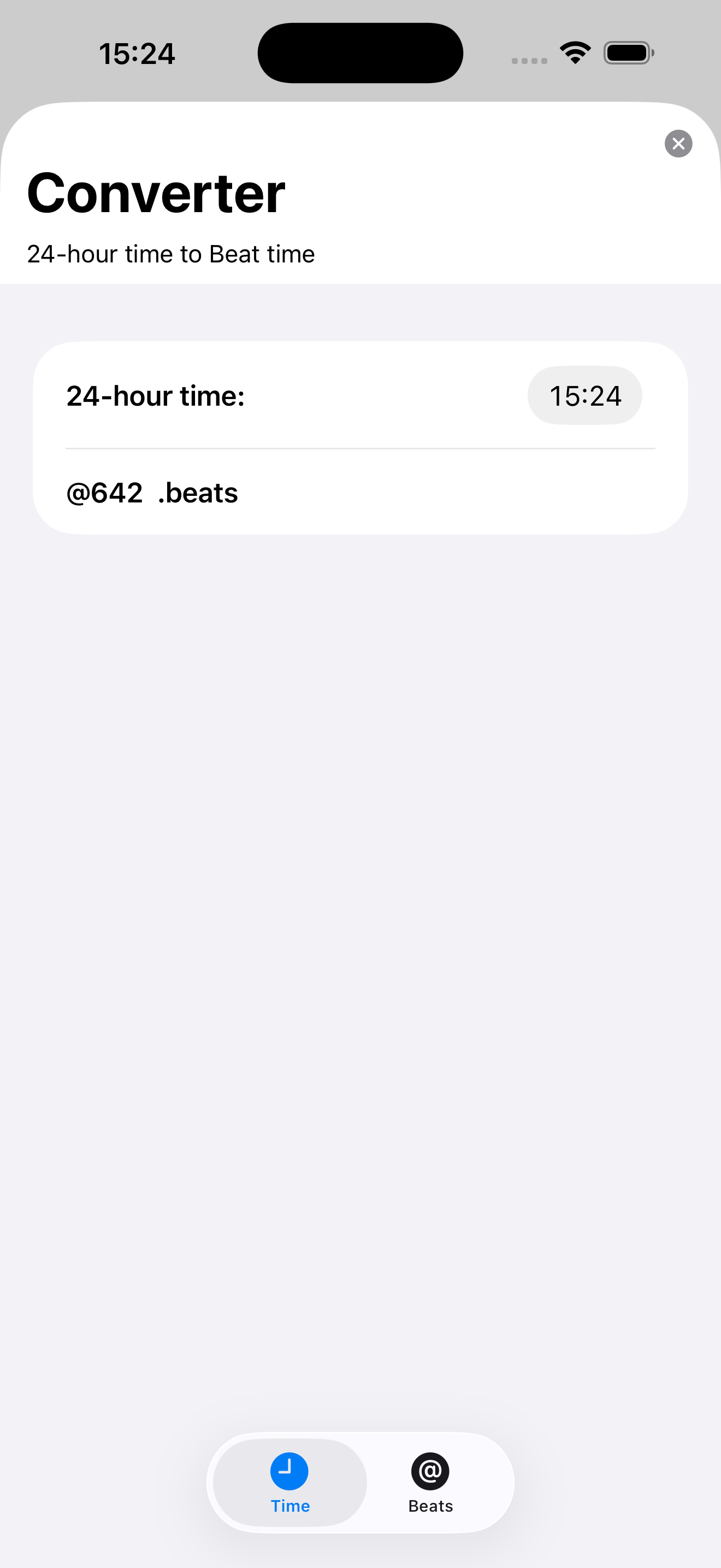 iPhone App converter 24h time to beats screen